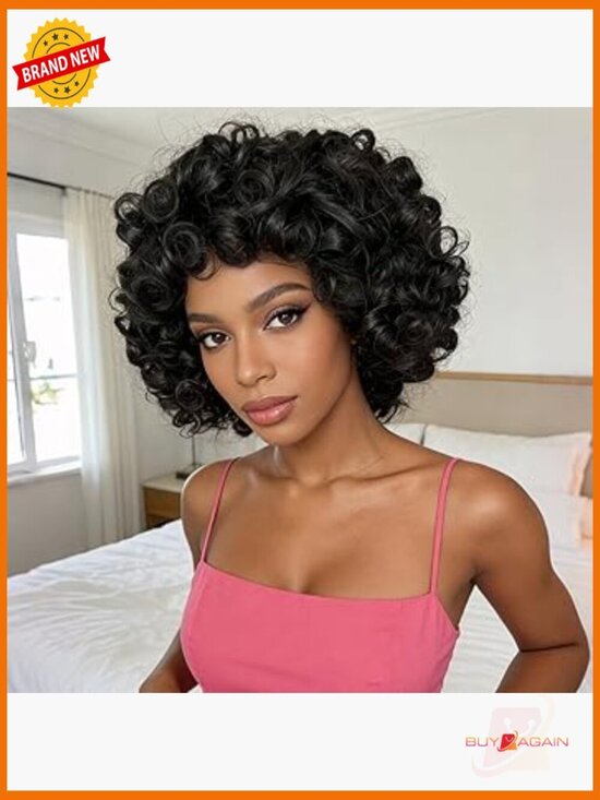 Short Curly Human Hair Wig With Bangs 180% Density Glueless Beginner Friendly main image 7
